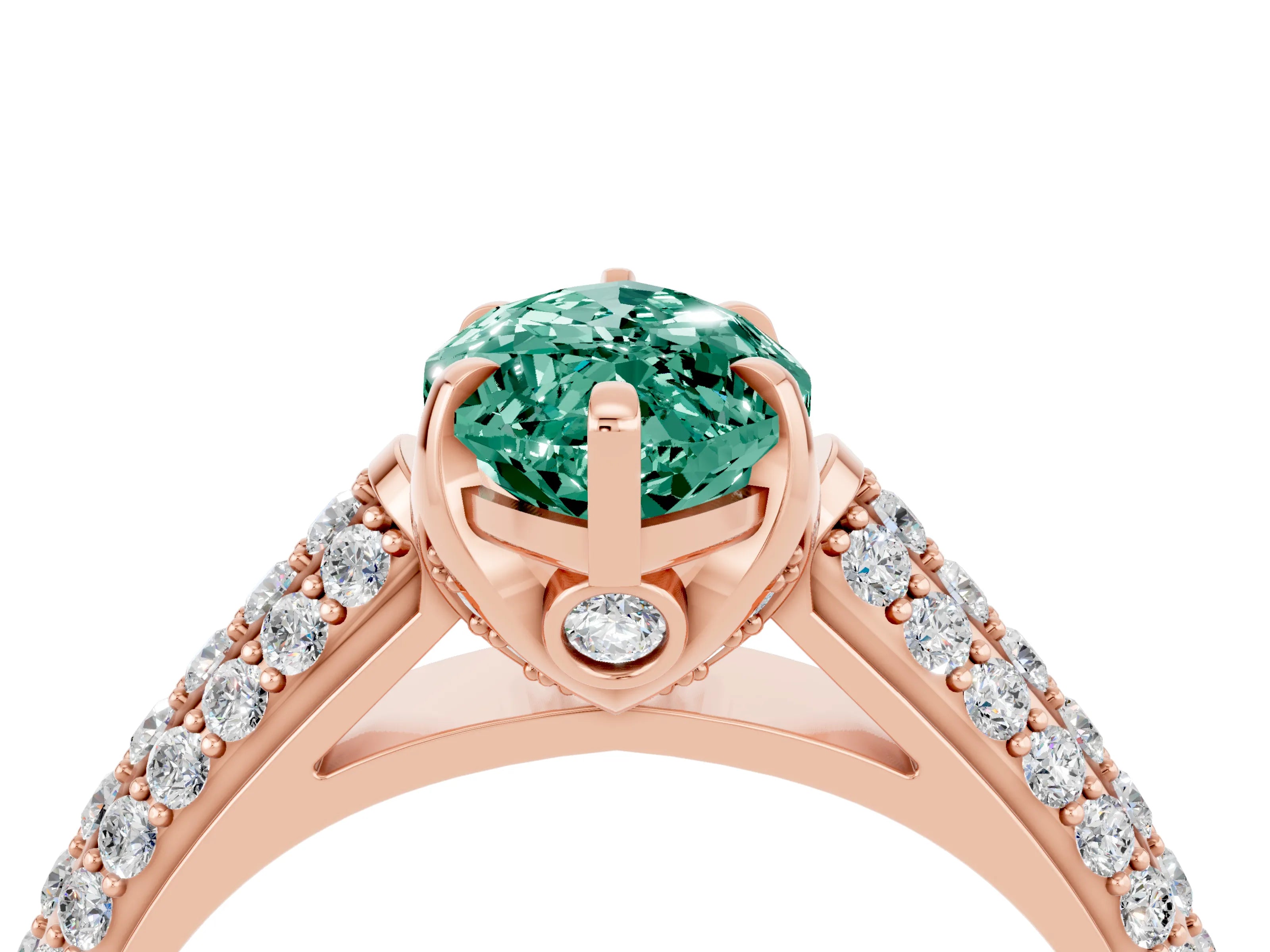 Rose gold Marquise Cut Green Sapphire Solitaire Ring with Three-Row Pavé Band and Four-Prong Setting_16