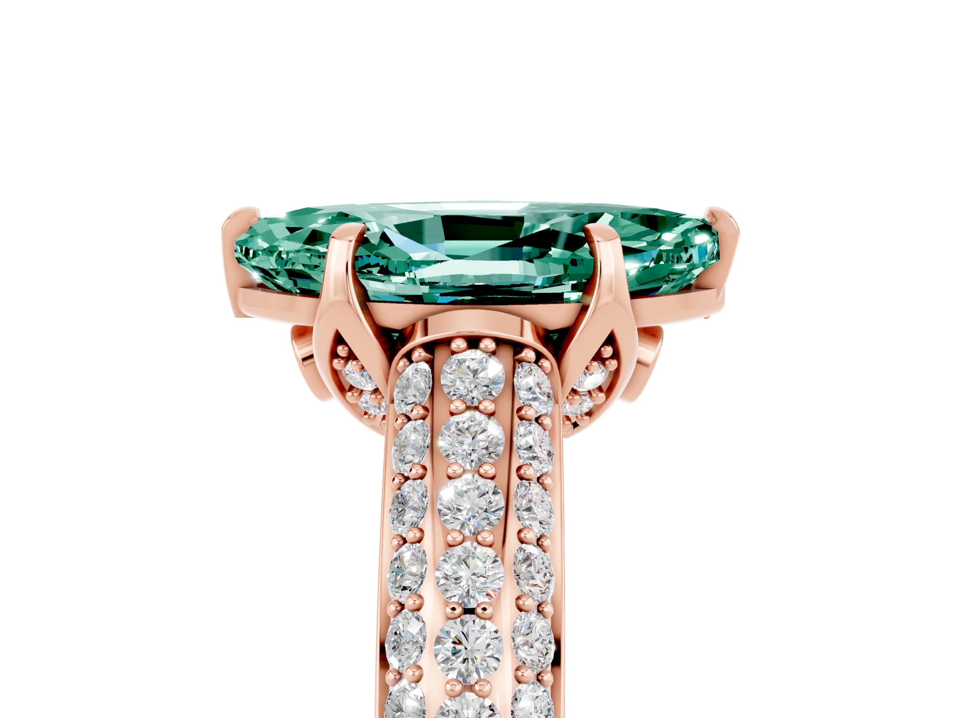 Rose gold Marquise Cut Green Sapphire Solitaire Ring with Three-Row Pavé Band and Four-Prong Setting_17