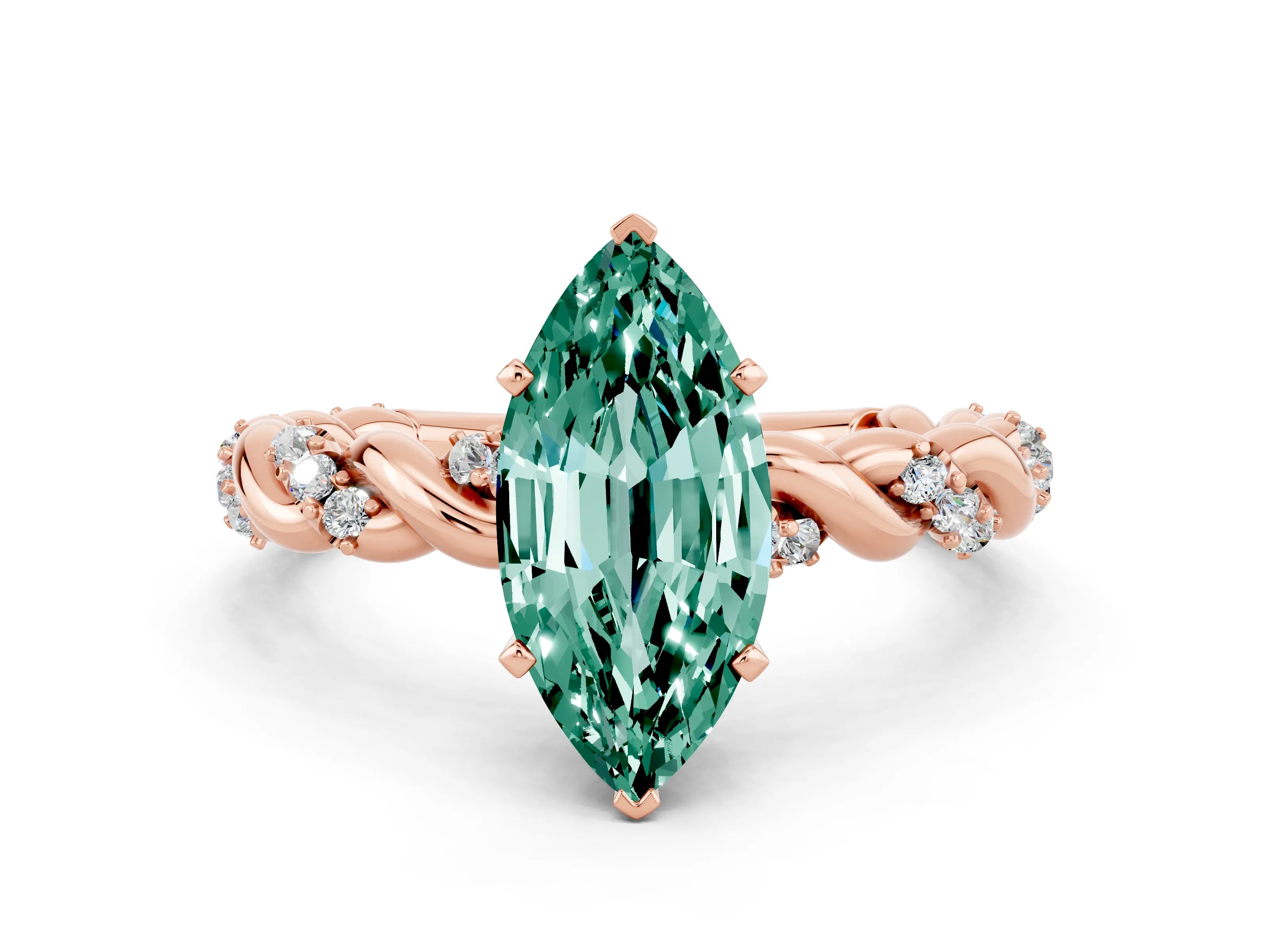 Rose gold Marquise Cut Green Sapphire Solitaire Ring with Twisted Band and Pavé Accents