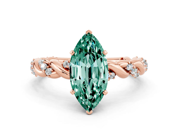 Rose gold Marquise Cut Green Sapphire Solitaire Ring with Twisted Band and Pavé Accents