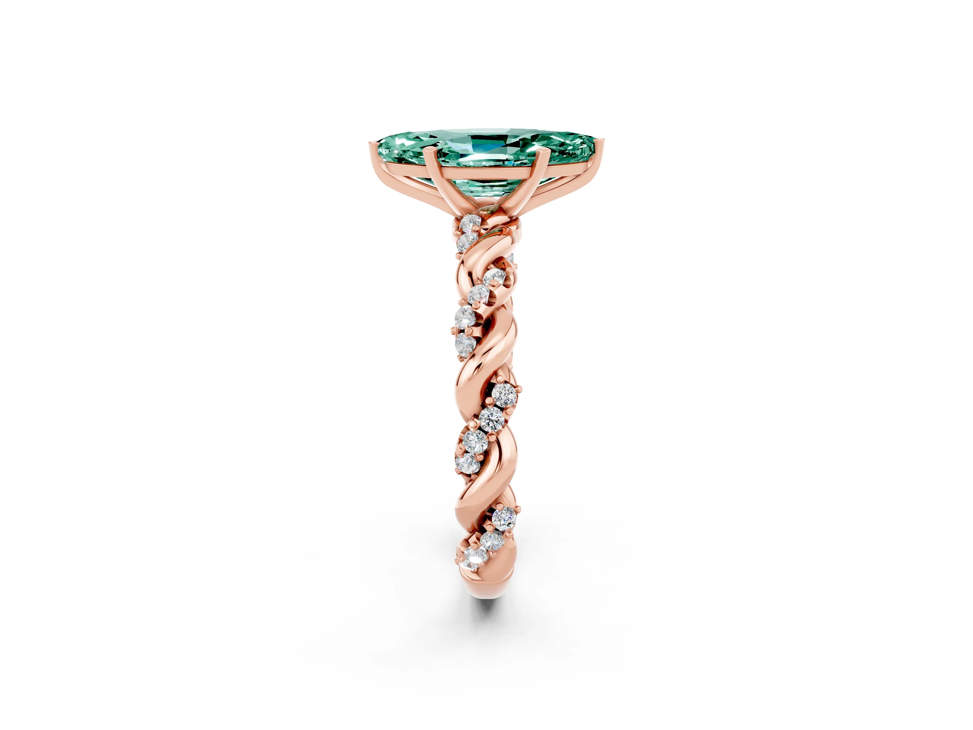 Rose gold Marquise Cut Green Sapphire Solitaire Ring with Twisted Band and Pavé Accents_2