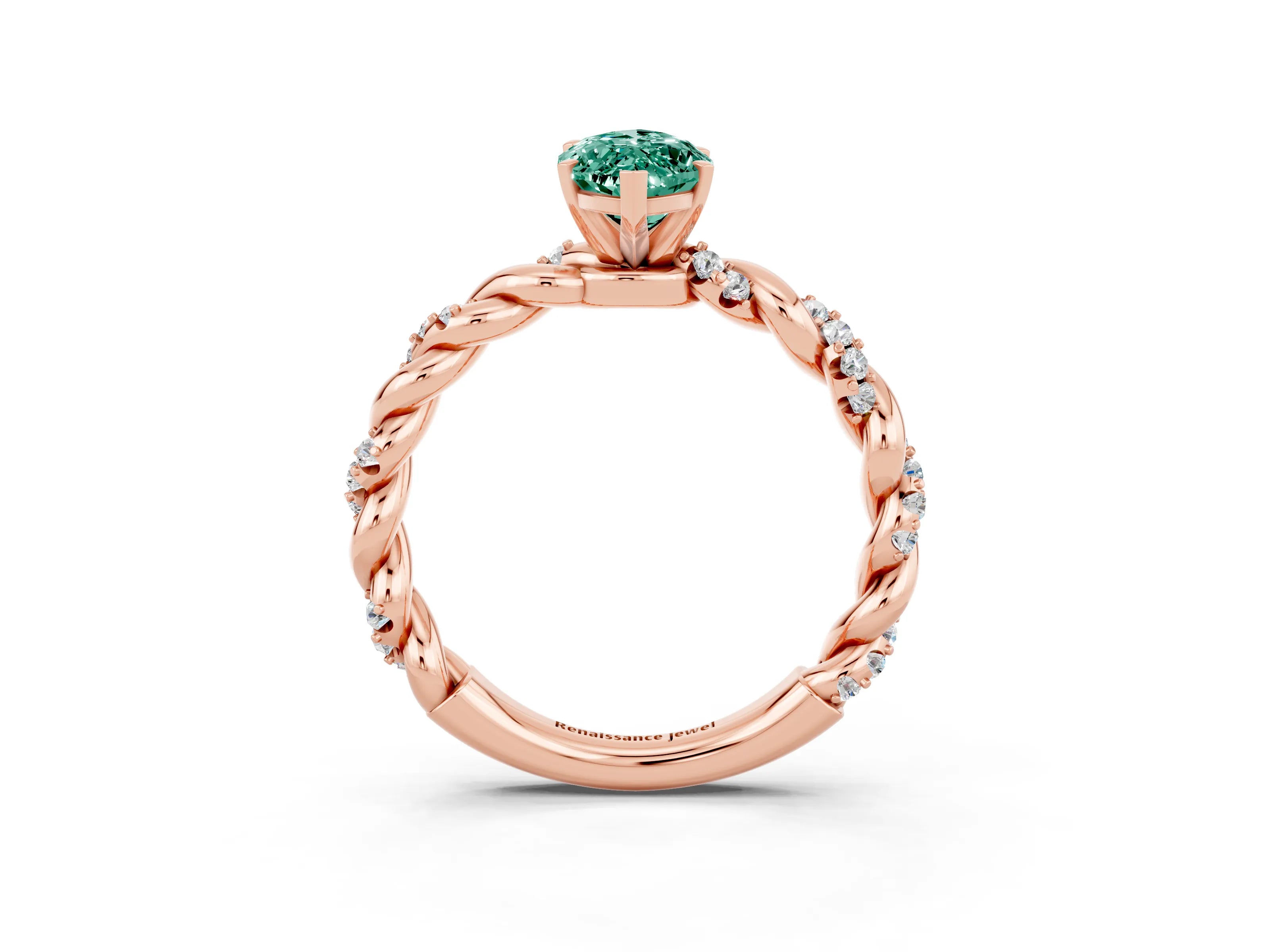 Rose gold Marquise Cut Green Sapphire Solitaire Ring with Twisted Band and Pavé Accents_3