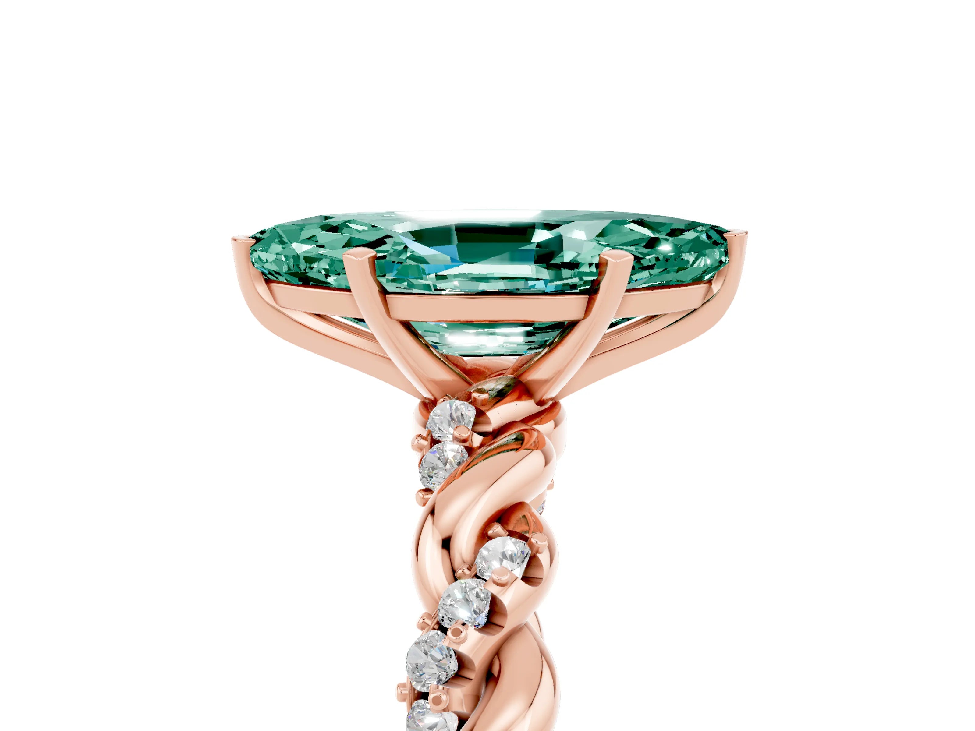 Rose gold Marquise Cut Green Sapphire Solitaire Ring with Twisted Band and Pavé Accents_5