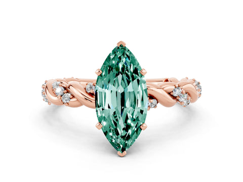 Rose gold Marquise Cut Green Sapphire Solitaire Ring with Twisted Band and Pavé Accents