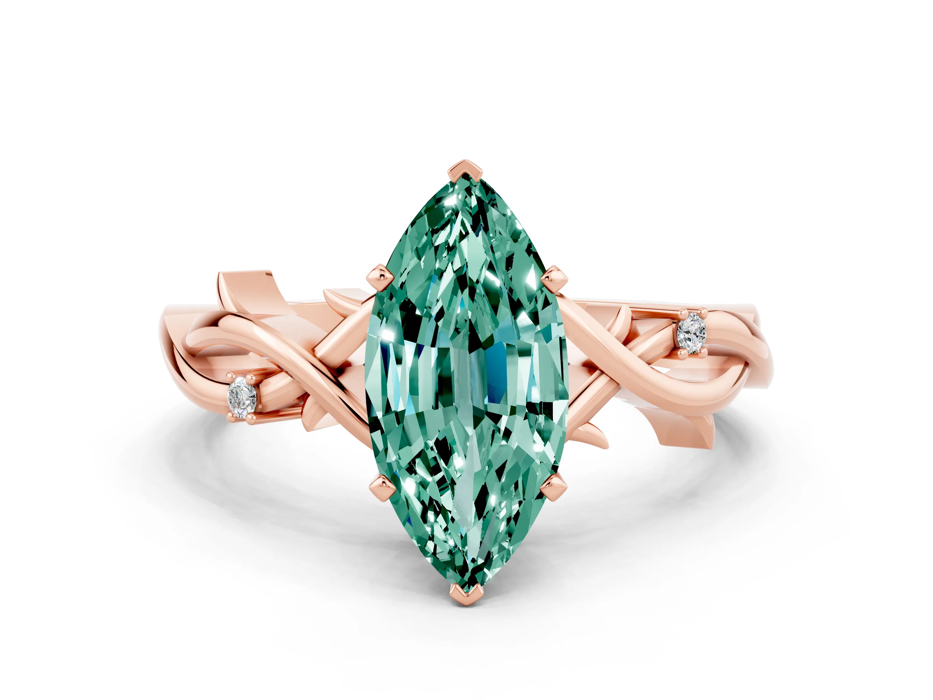 Rose gold Marquise Cut Green Sapphire Solitaire Ring with Twisted Band and Prong Setting