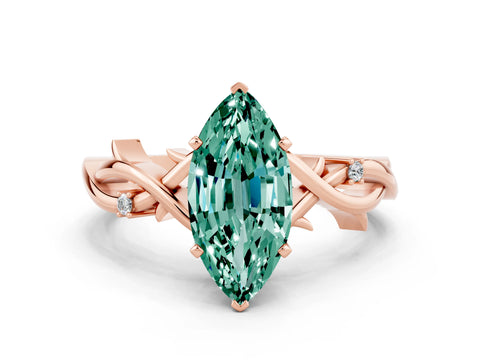 Rose gold Marquise Cut Green Sapphire Solitaire Ring with Twisted Band and Prong Setting