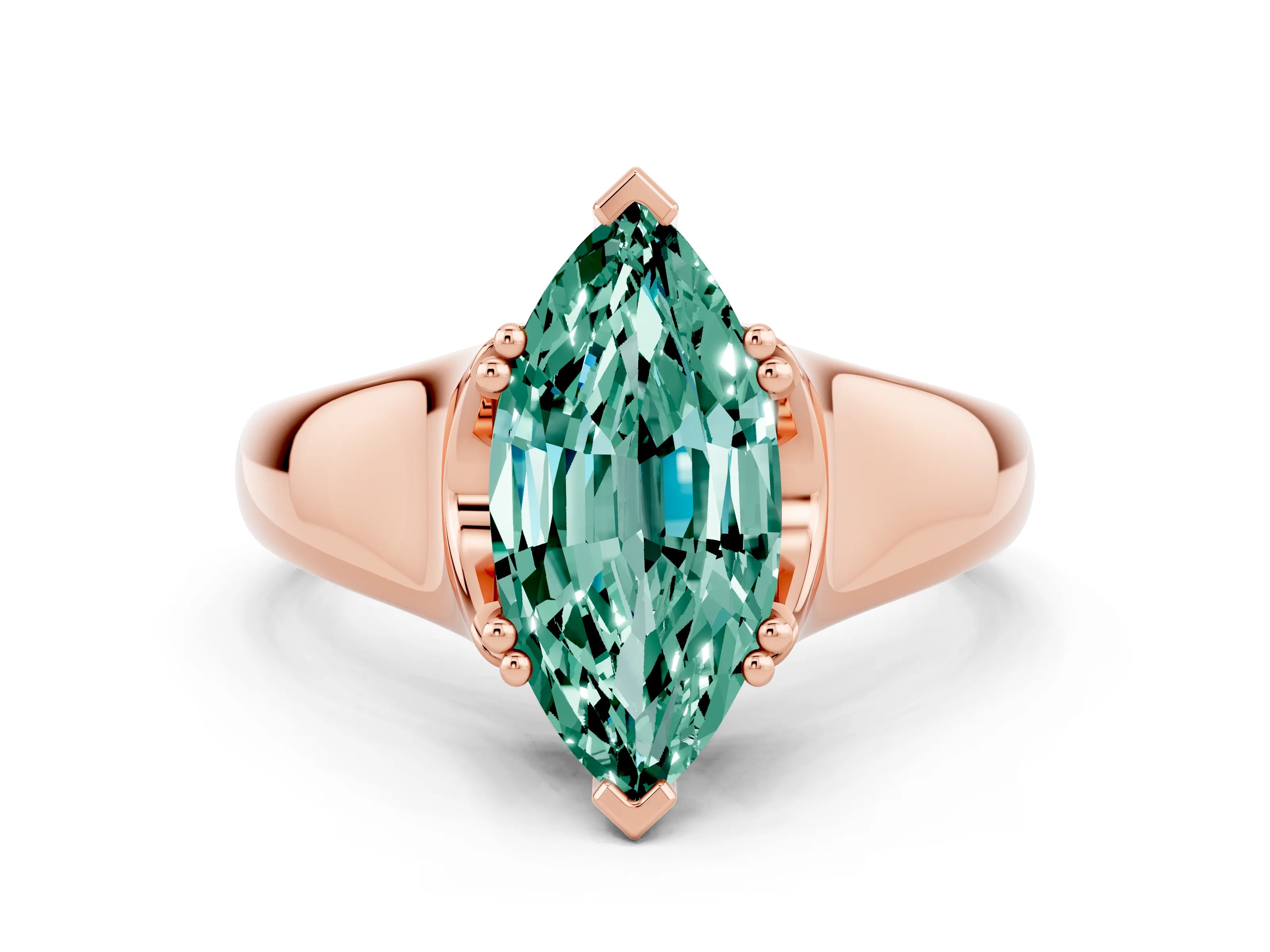 Rose gold Marquise Cut Green Sapphire Solitaire Ring with Wide Band and Prong Setting
