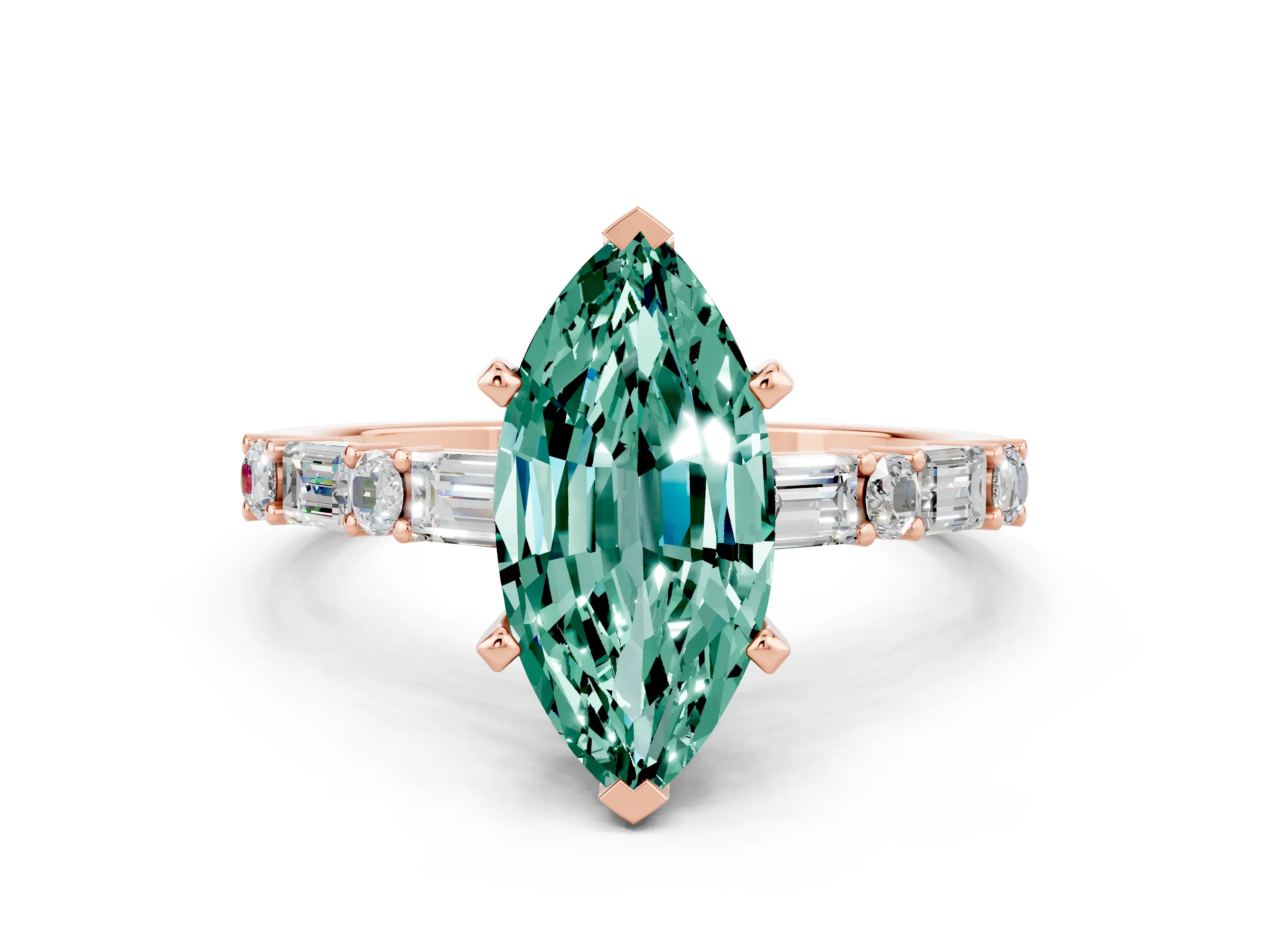 Rose gold Marquise Cut Green Sapphire Solitaire with Side Baguettes and Channel Set Band