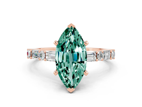 Rose gold Marquise Cut Green Sapphire Solitaire with Side Baguettes and Channel Set Band