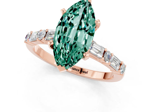 Rose gold Marquise Cut Green Sapphire Solitaire with Side Baguettes and Channel Set Band_1