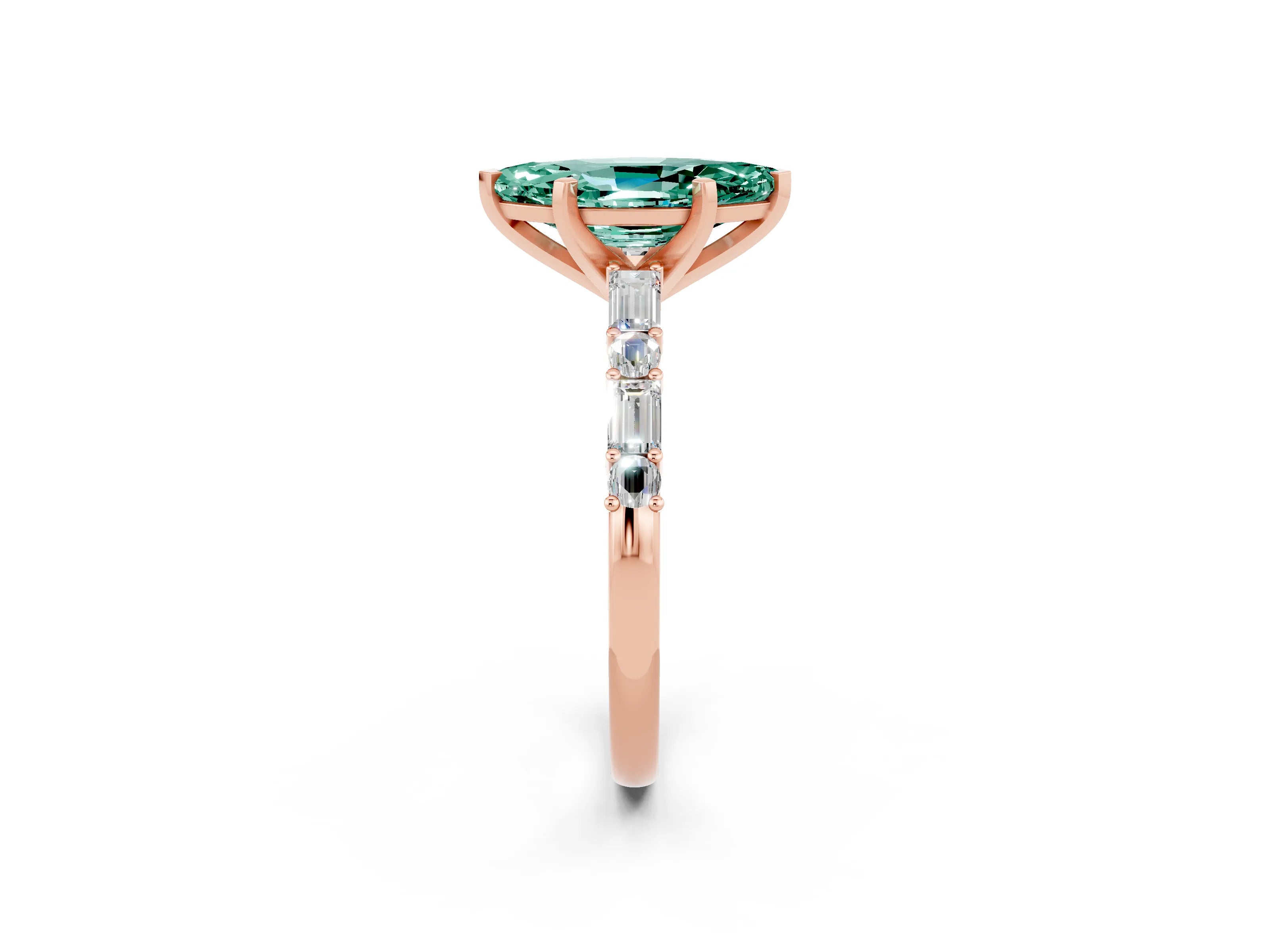 Rose gold Marquise Cut Green Sapphire Solitaire with Side Baguettes and Channel Set Band_2