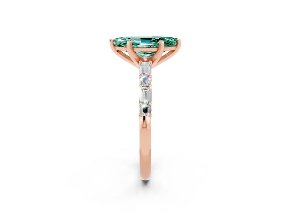 Rose gold Marquise Cut Green Sapphire Solitaire with Side Baguettes and Channel Set Band