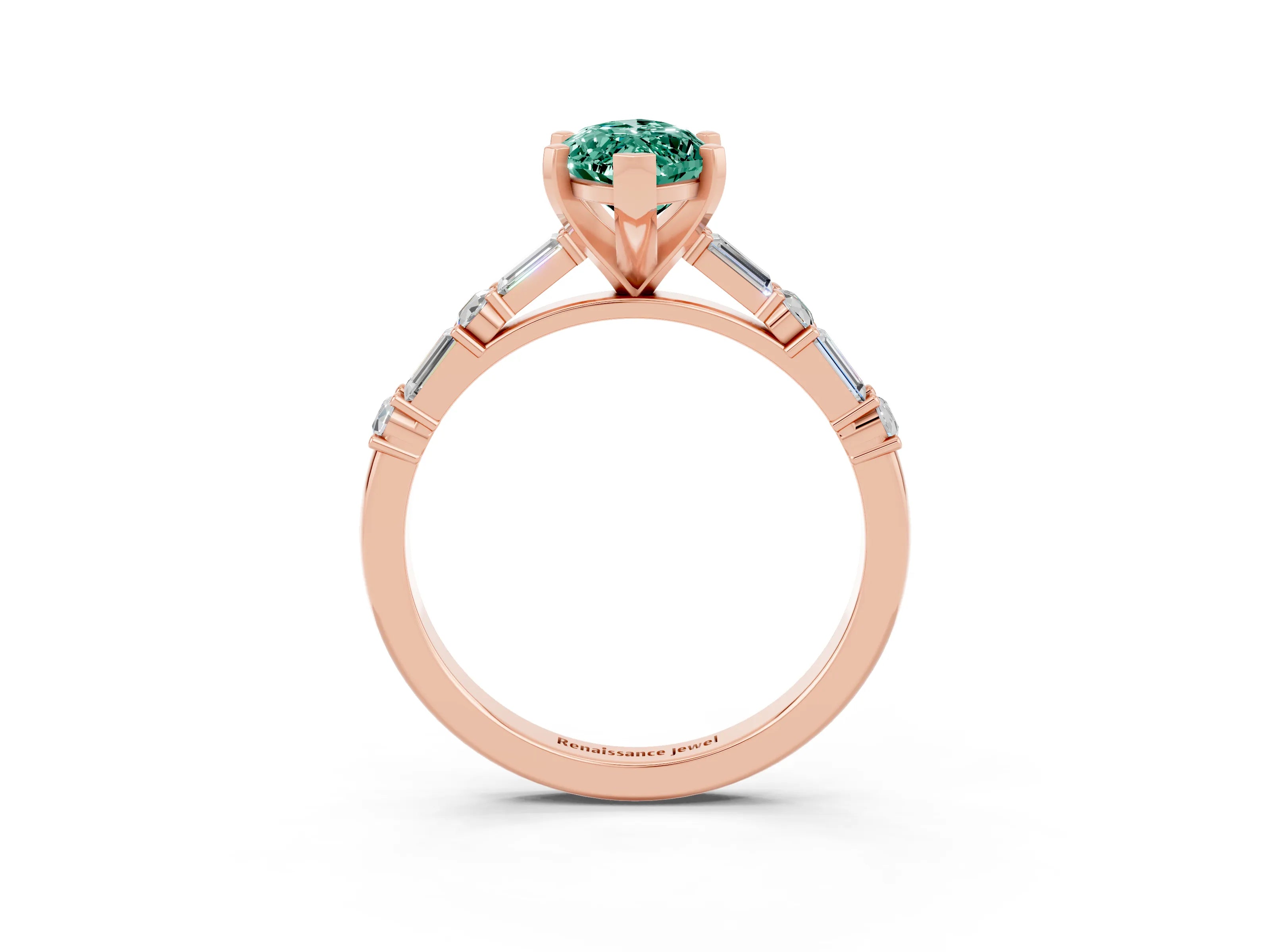 Rose gold Marquise Cut Green Sapphire Solitaire with Side Baguettes and Channel Set Band_3