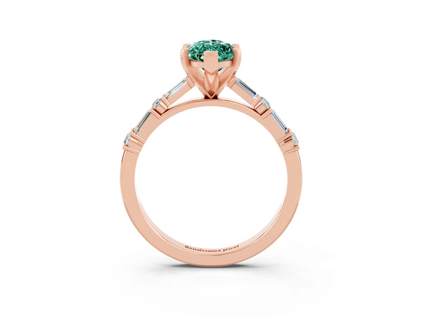 Rose gold Marquise Cut Green Sapphire Solitaire with Side Baguettes and Channel Set Band