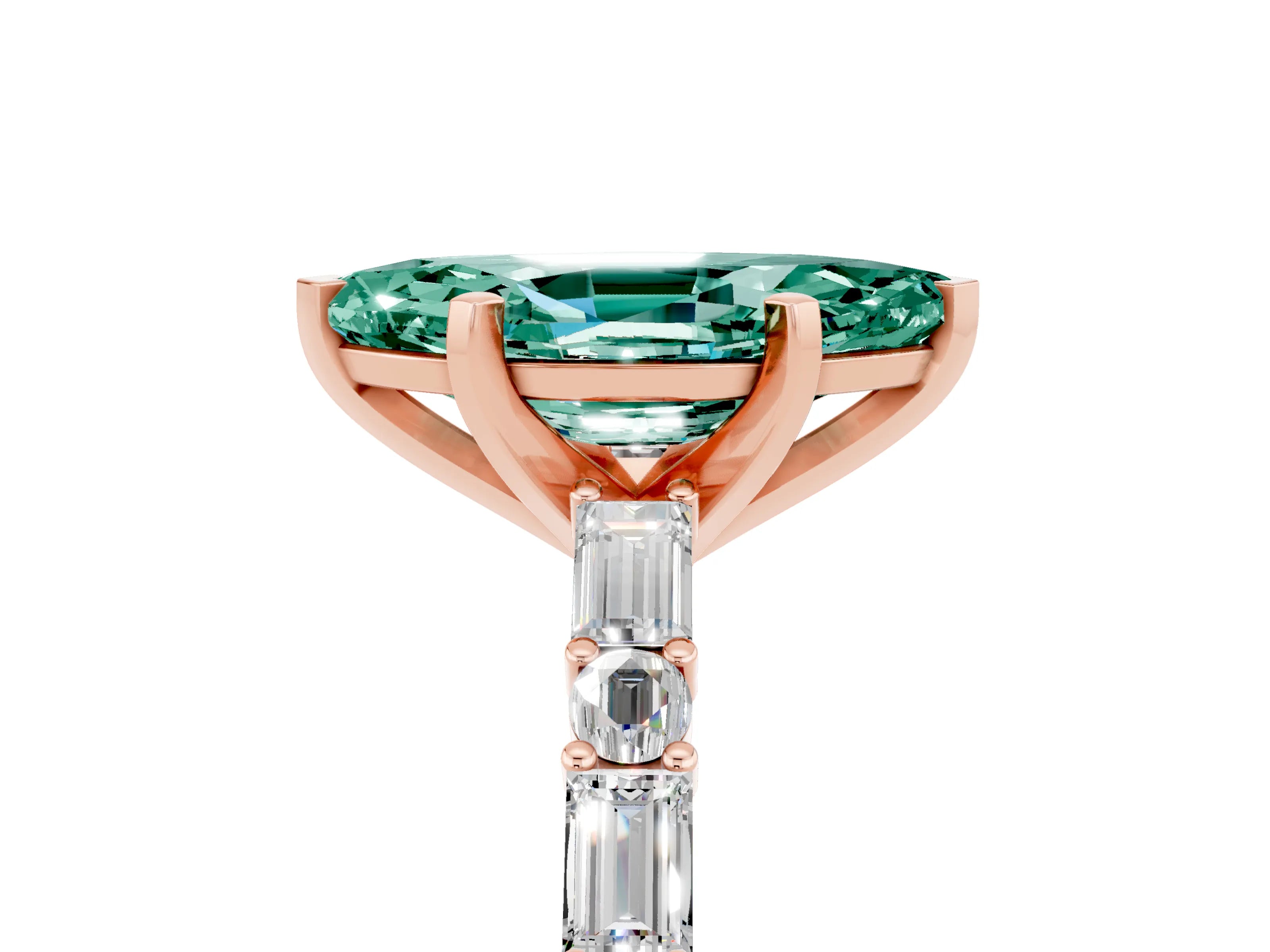 Rose gold Marquise Cut Green Sapphire Solitaire with Side Baguettes and Channel Set Band_5