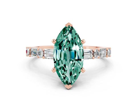 Rose gold Marquise Cut Green Sapphire Solitaire with Side Baguettes and Channel Set Band