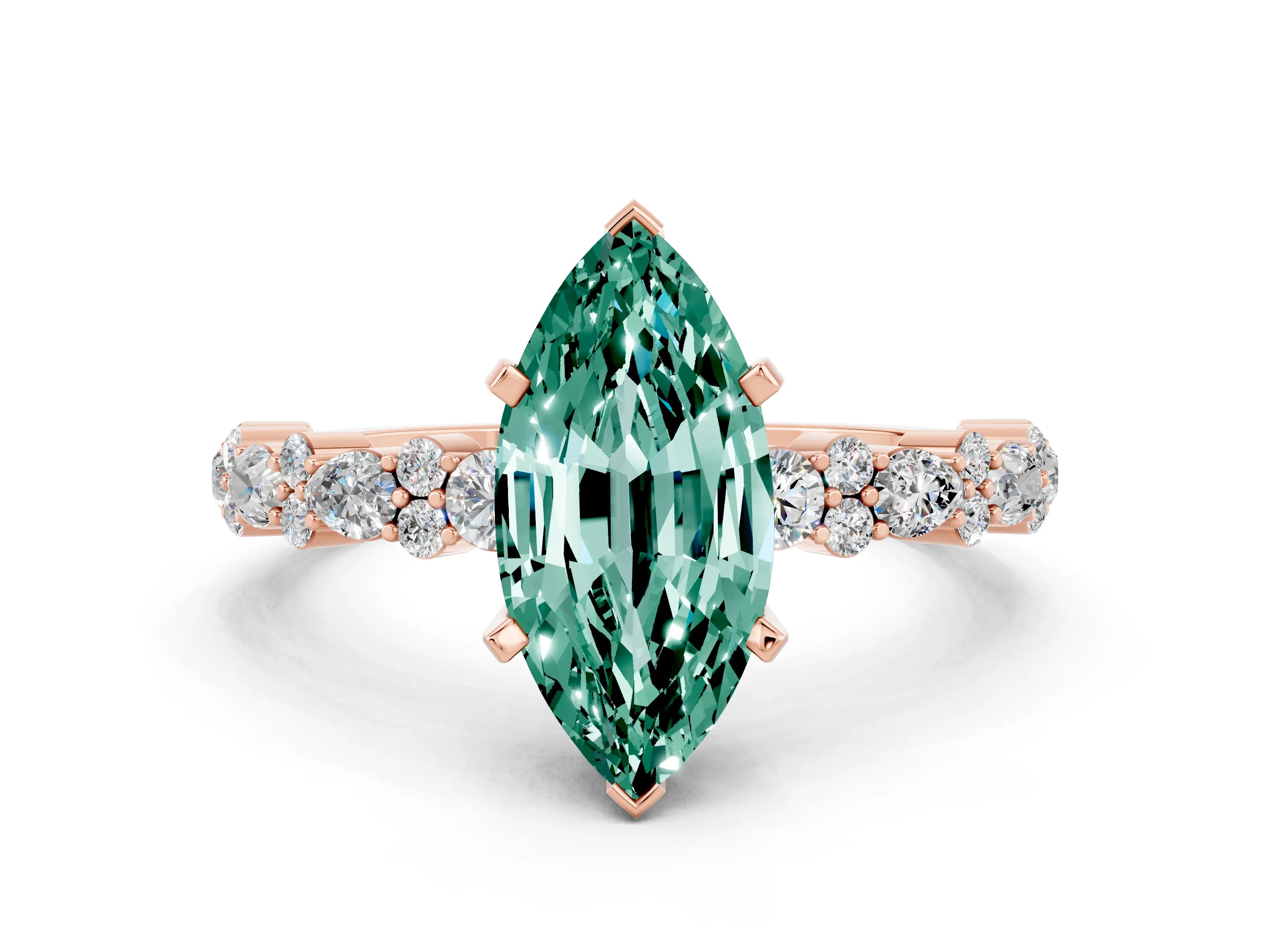 Rose gold Marquise Cut Green Sapphire Solitaire with Side Stones, Pave Band, Four-Prong Setting_36