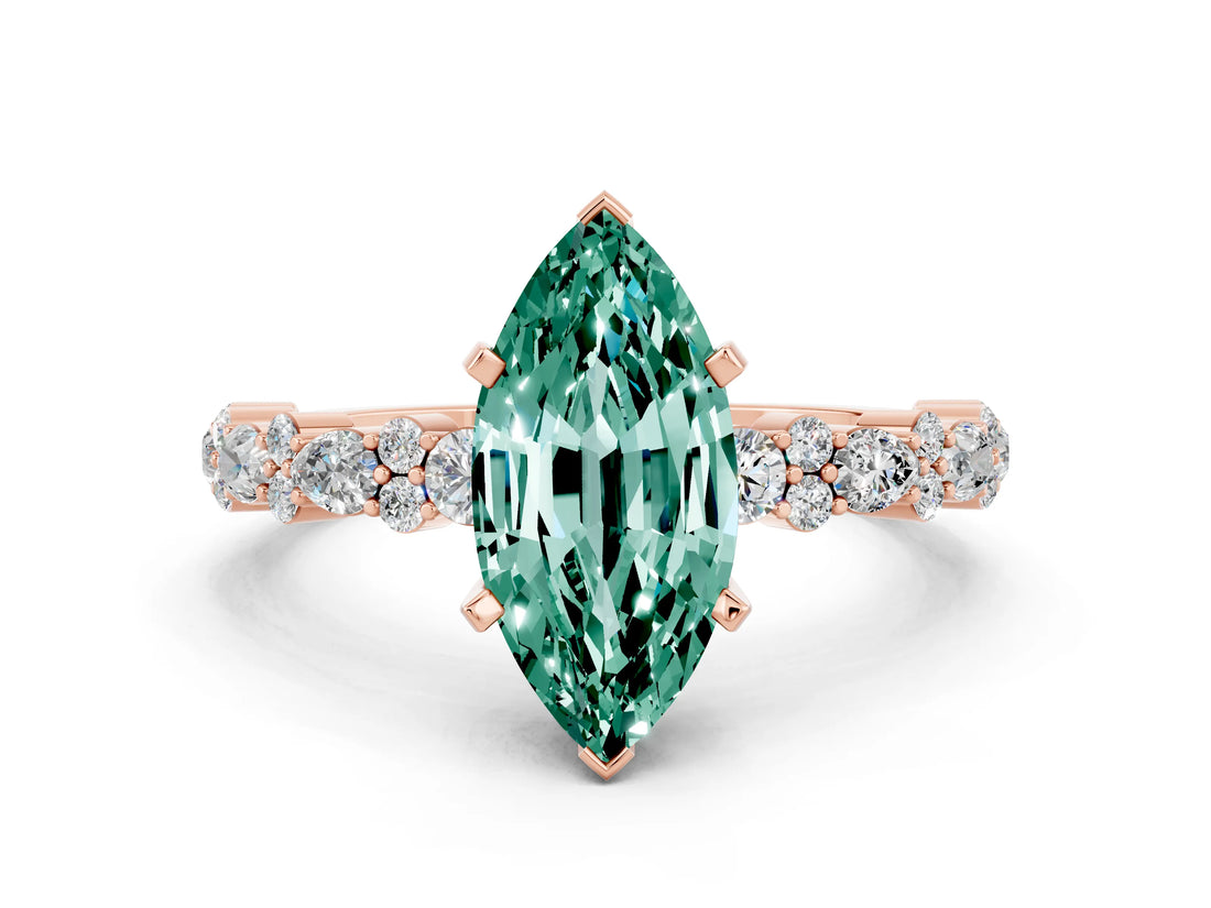Rose gold Marquise Cut Green Sapphire Solitaire with Side Stones, Pave Band, Four-Prong Setting_36
