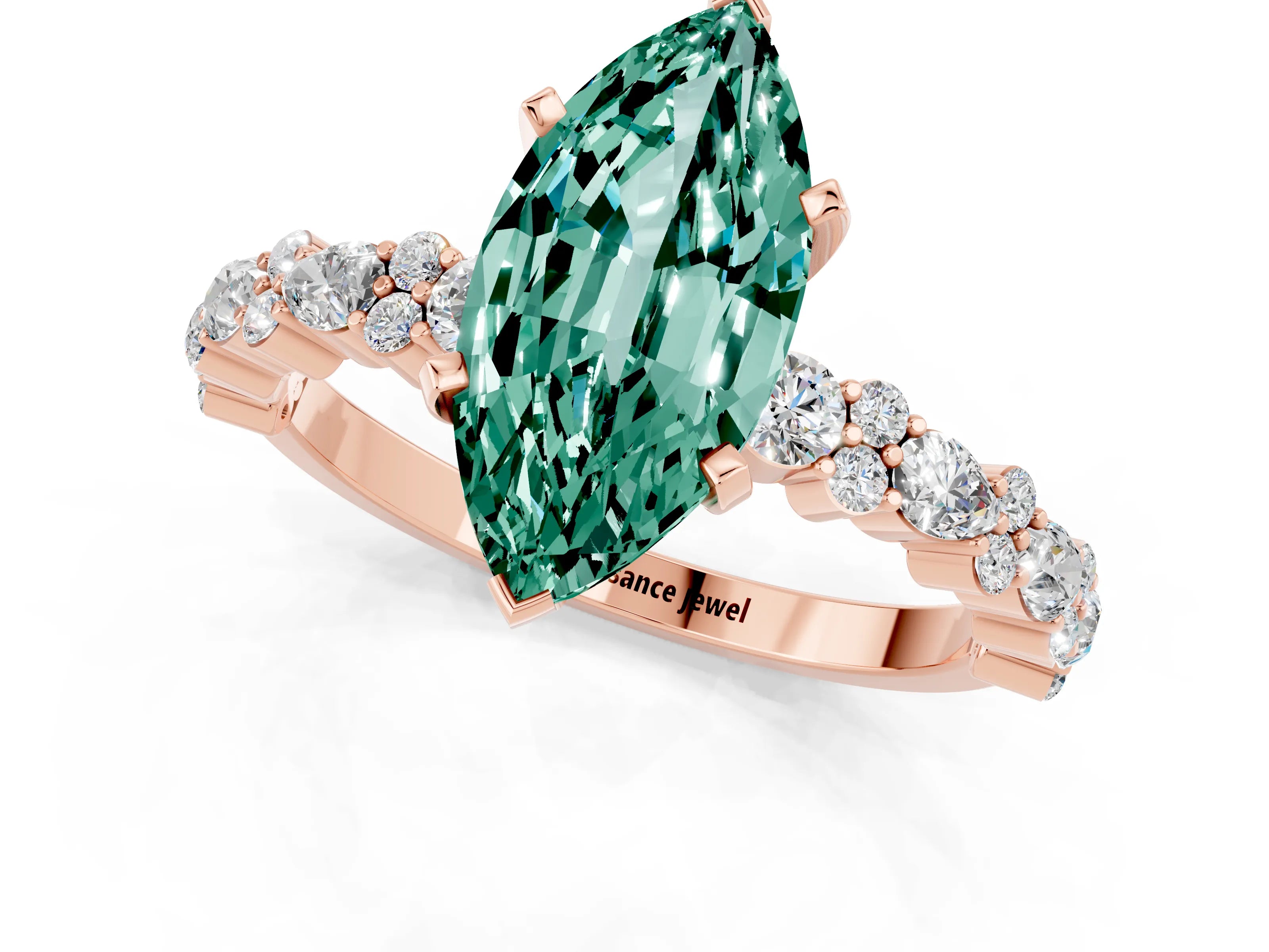 Rose gold Marquise Cut Green Sapphire Solitaire with Side Stones, Pave Band, Four-Prong Setting_37