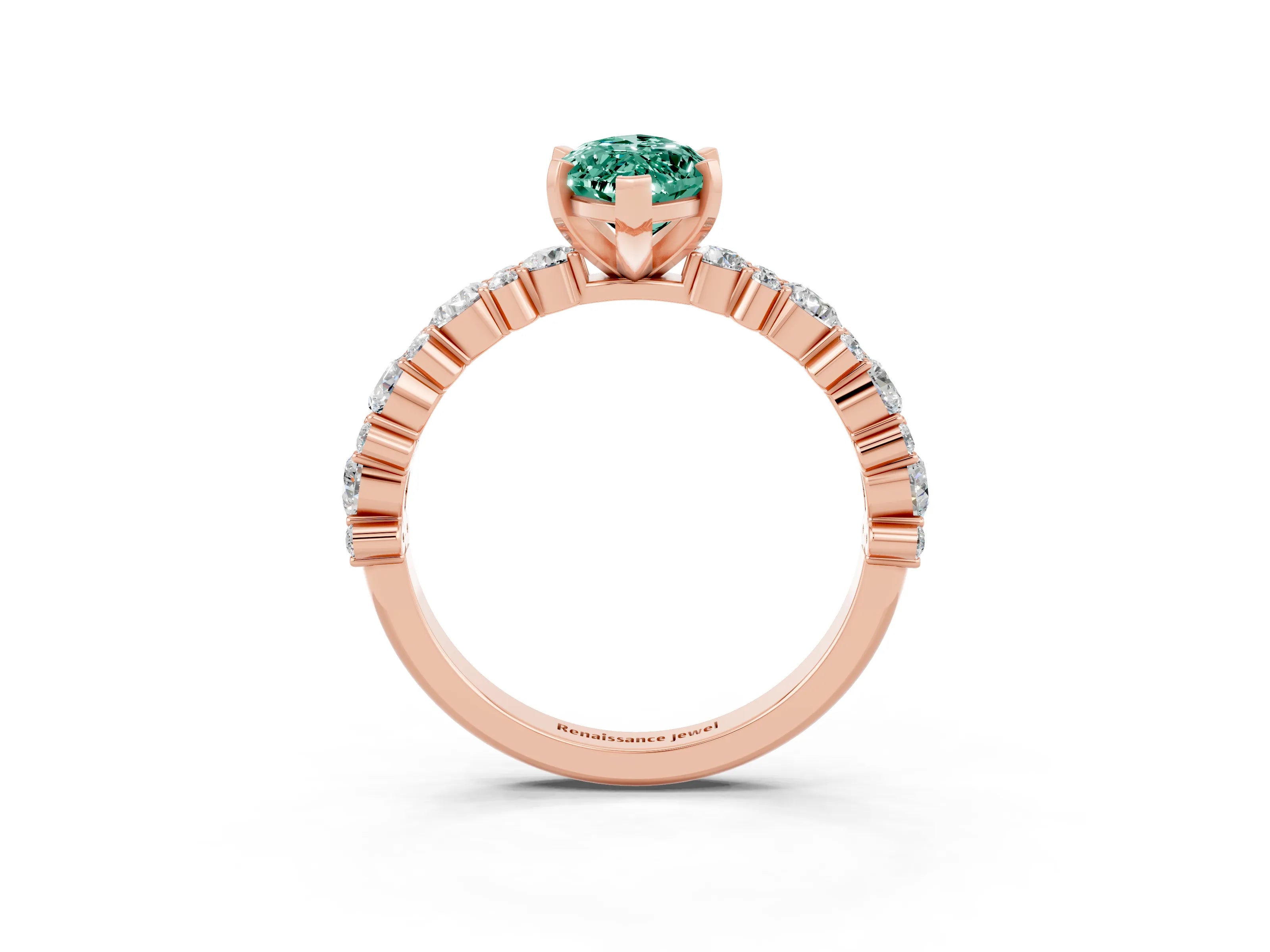 Rose gold Marquise Cut Green Sapphire Solitaire with Side Stones, Pave Band, Four-Prong Setting_39