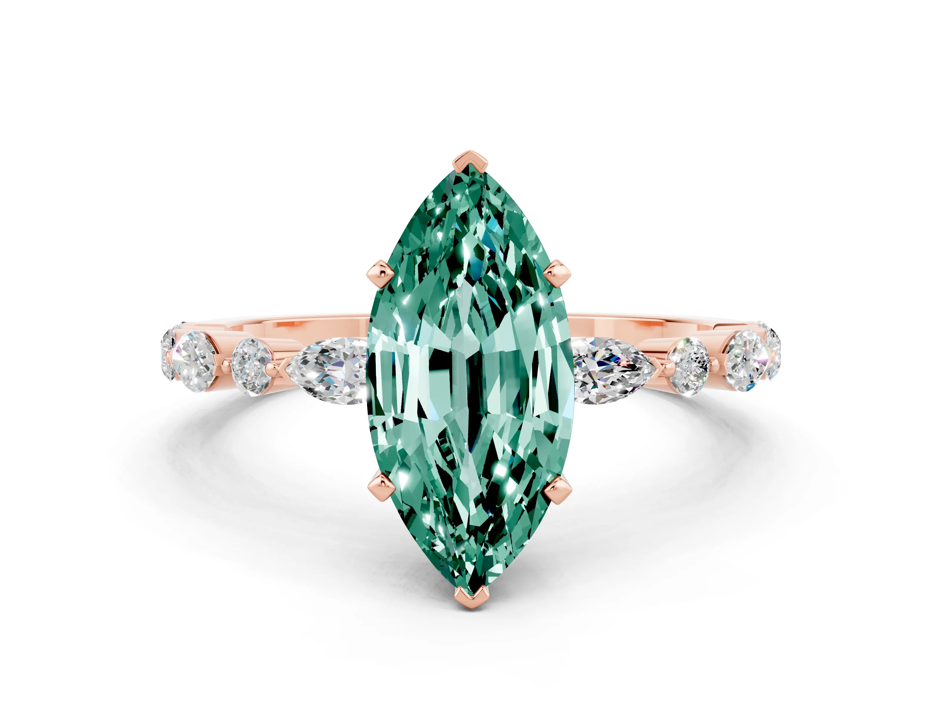 Rose gold Marquise Cut Green Sapphire Solitaire with Side Stones on a Pavé Band and Four-Prong Setting