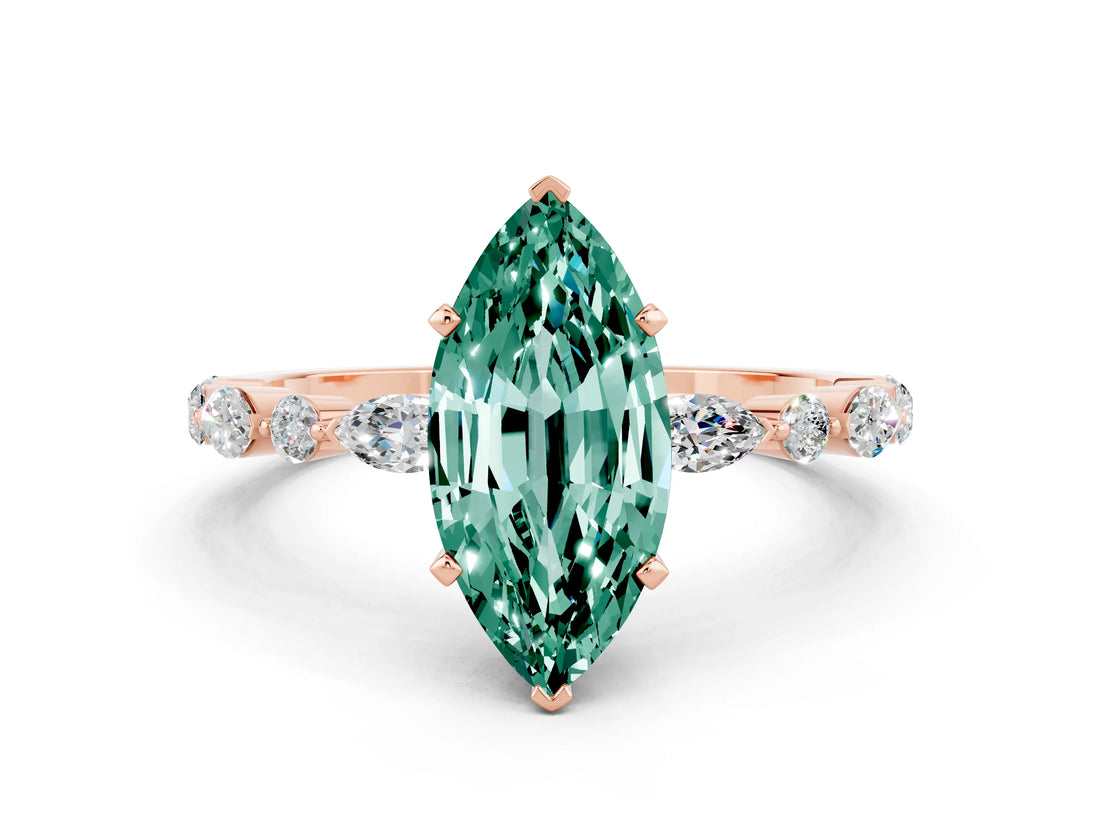Rose gold Marquise Cut Green Sapphire Solitaire with Side Stones on a Pavé Band and Four-Prong Setting