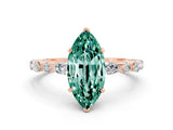 Rose gold Marquise Cut Green Sapphire Solitaire with Side Stones on a Pavé Band and Four-Prong Setting