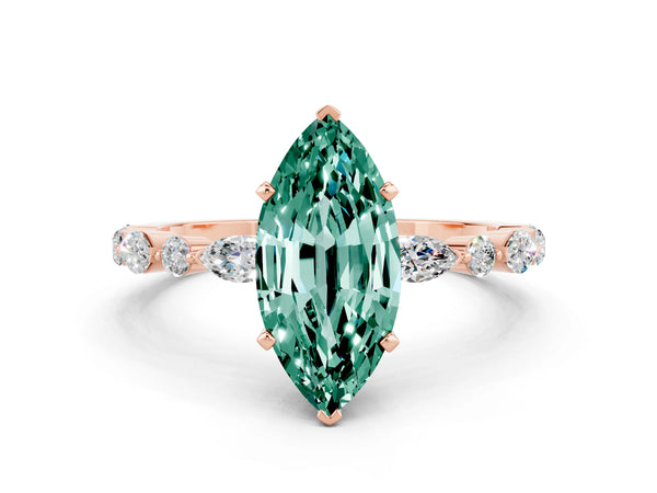 Rose gold Marquise Cut Green Sapphire Ring with Marquise and Round  Side Stones and Four-Prong Setting