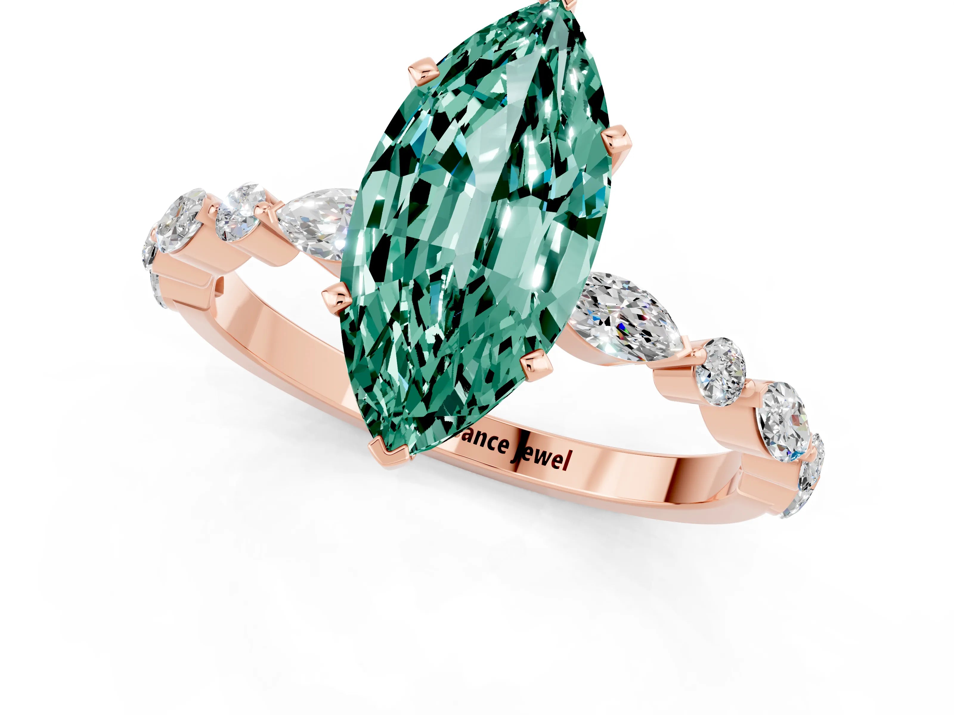Rose gold Marquise Cut Green Sapphire Solitaire with Side Stones on a Pavé Band and Four-Prong Setting_1