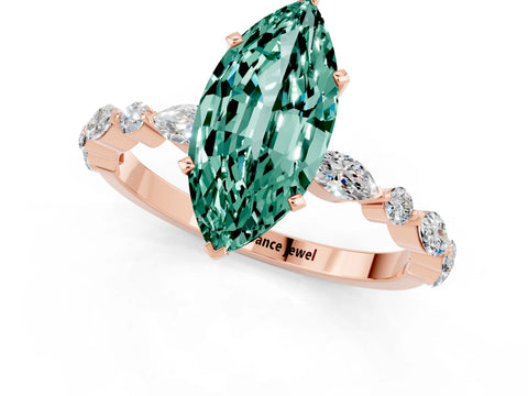 Rose gold Marquise Cut Green Sapphire Solitaire with Side Stones on a Pavé Band and Four-Prong Setting_1