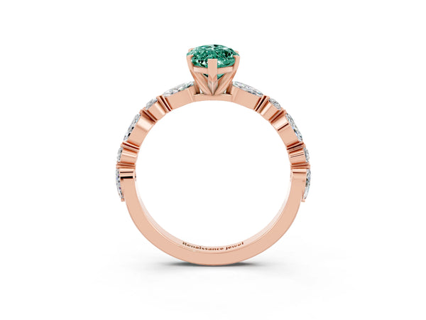 Rose gold Marquise Cut Green Sapphire Ring with Marquise and Round  Side Stones and Four-Prong Setting