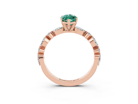 Rose gold Marquise Cut Green Sapphire Solitaire with Side Stones on a Pavé Band and Four-Prong Setting_3