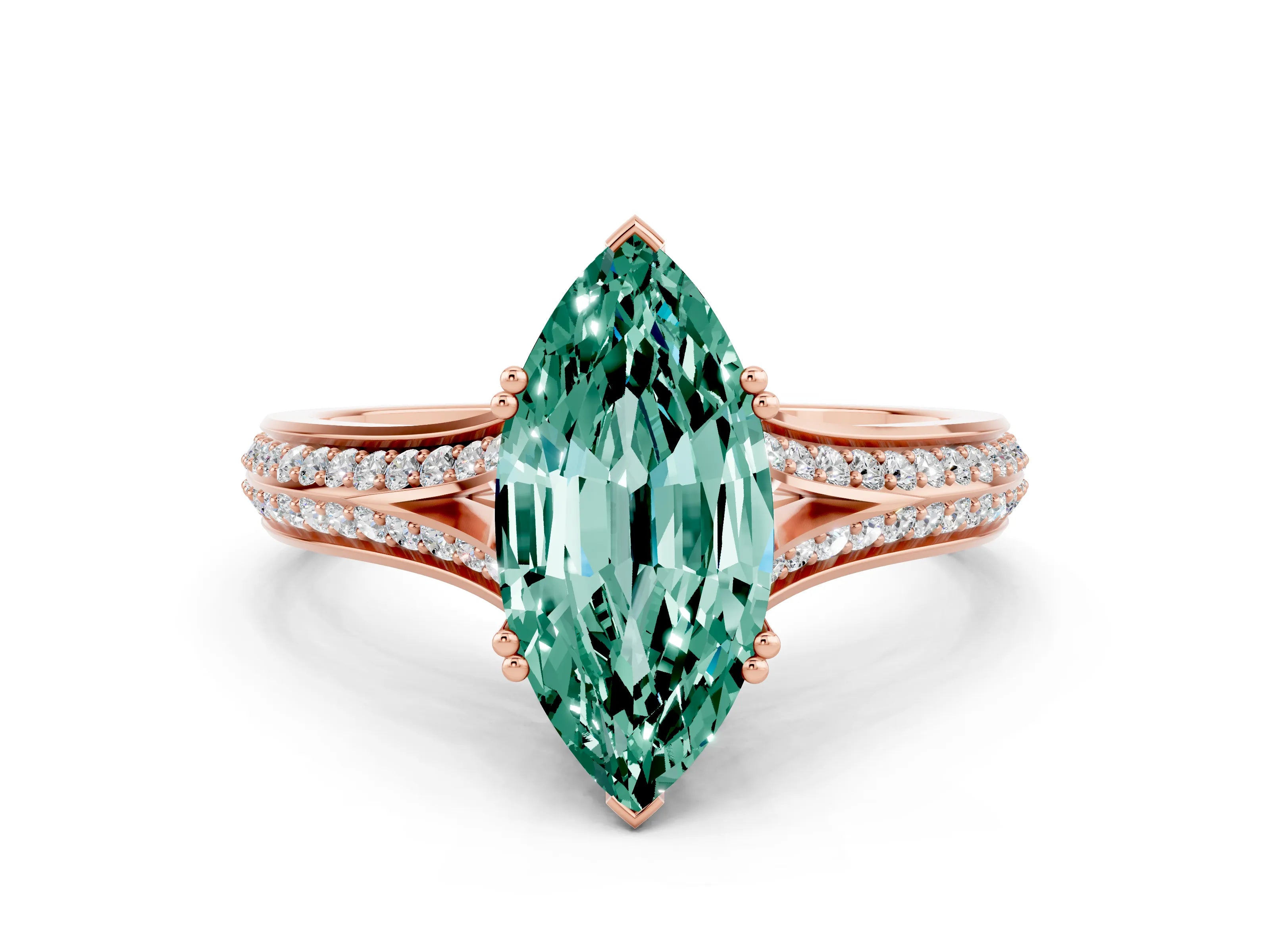 Rose gold Marquise Cut Green Sapphire Split Shank Engagement Ring with Pavé Band