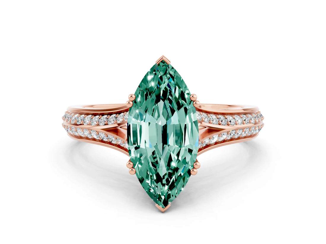 Rose gold Marquise Cut Green Sapphire Split Shank Engagement Ring with Pavé Band