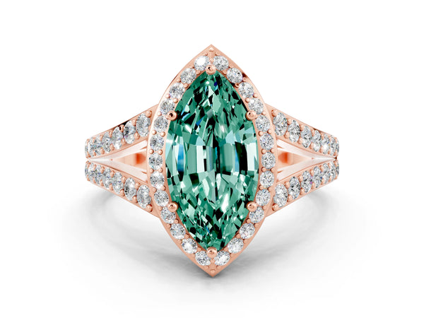 Rose gold Marquise Cut Green Sapphire Split Shank Halo Ring with Four-Prong Setting