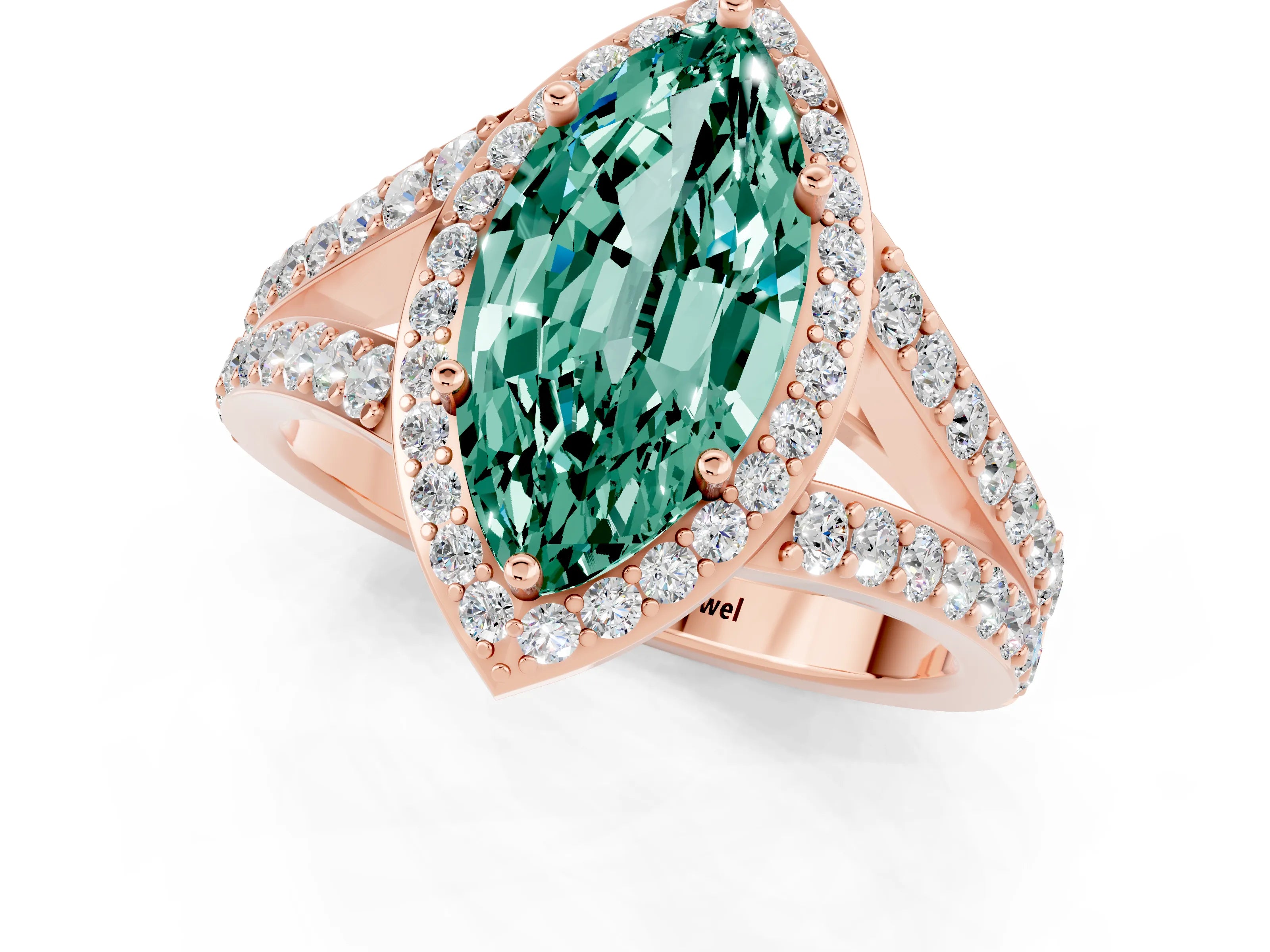 Rose gold Marquise Cut Green Sapphire Split Shank Halo Ring with Four-Prong Setting_13