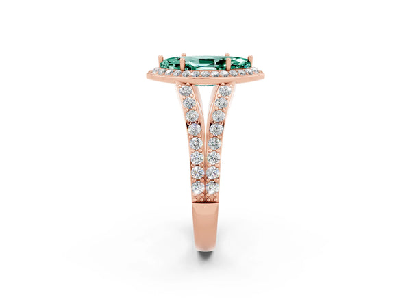 Rose gold Marquise Cut Green Sapphire Split Shank Halo Ring with Four-Prong Setting