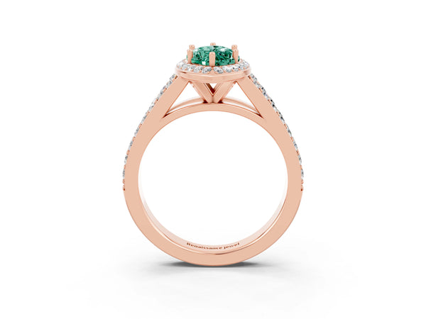 Rose gold Marquise Cut Green Sapphire Split Shank Halo Ring with Four-Prong Setting