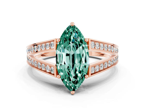 Rose gold Marquise Cut Green Sapphire Split Shank Ring with Pavé Band and Four-Prong Setting