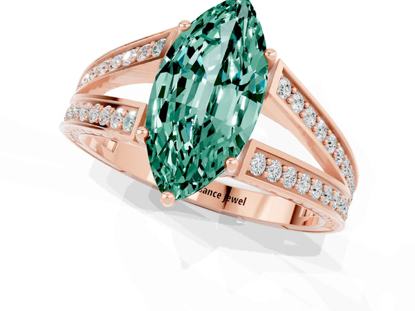 Rose gold Marquise Cut Green Sapphire Split Shank Ring with Pavé Band and Four-Prong Setting