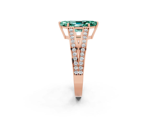 Rose gold Marquise Cut Green Sapphire Split Shank Ring with Pavé Band and Four-Prong Setting