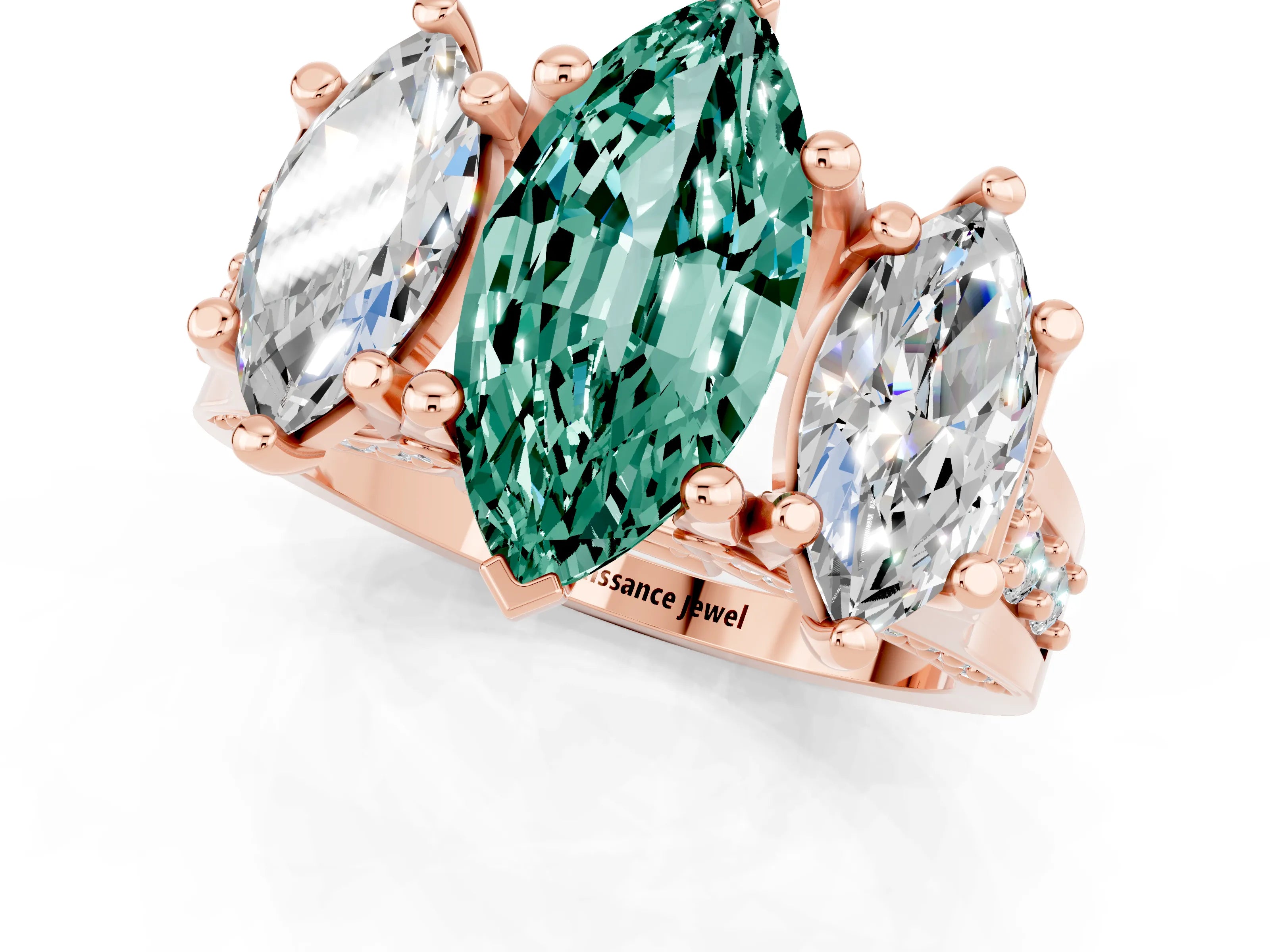 Rose gold Marquise Cut Green Sapphire Three-Stone Ring with Channel Set Band and Four-Prong Setting_1