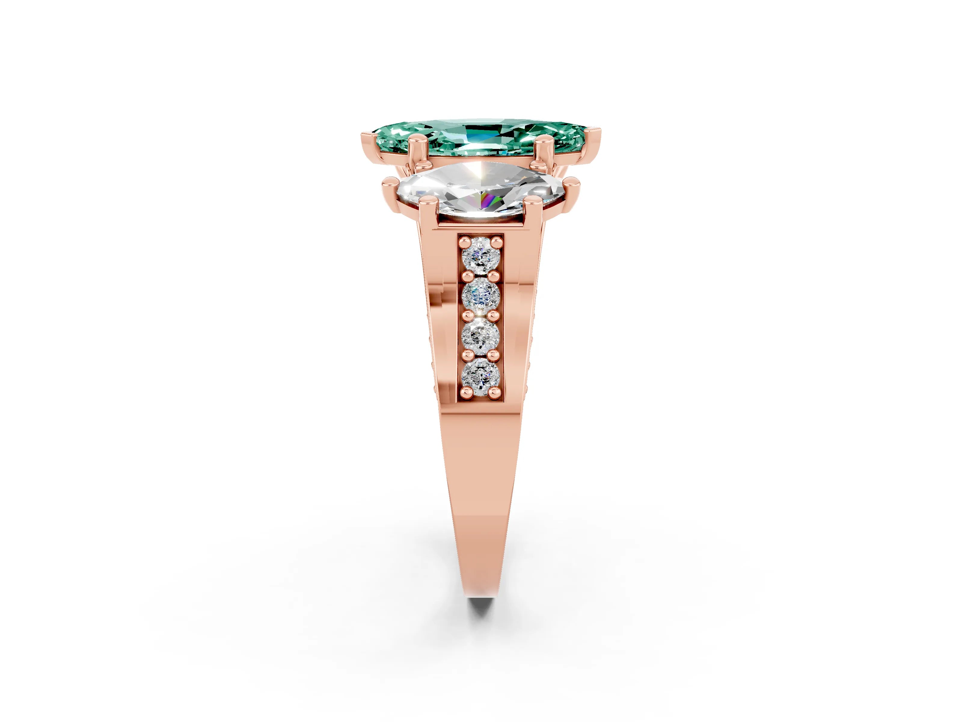 Rose gold Marquise Cut Green Sapphire Three-Stone Ring with Channel Set Band and Four-Prong Setting_2