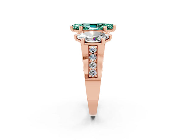 Rose gold Marquise Cut Green Sapphire Three-Stone Ring with Channel Set Band and Four-Prong Setting