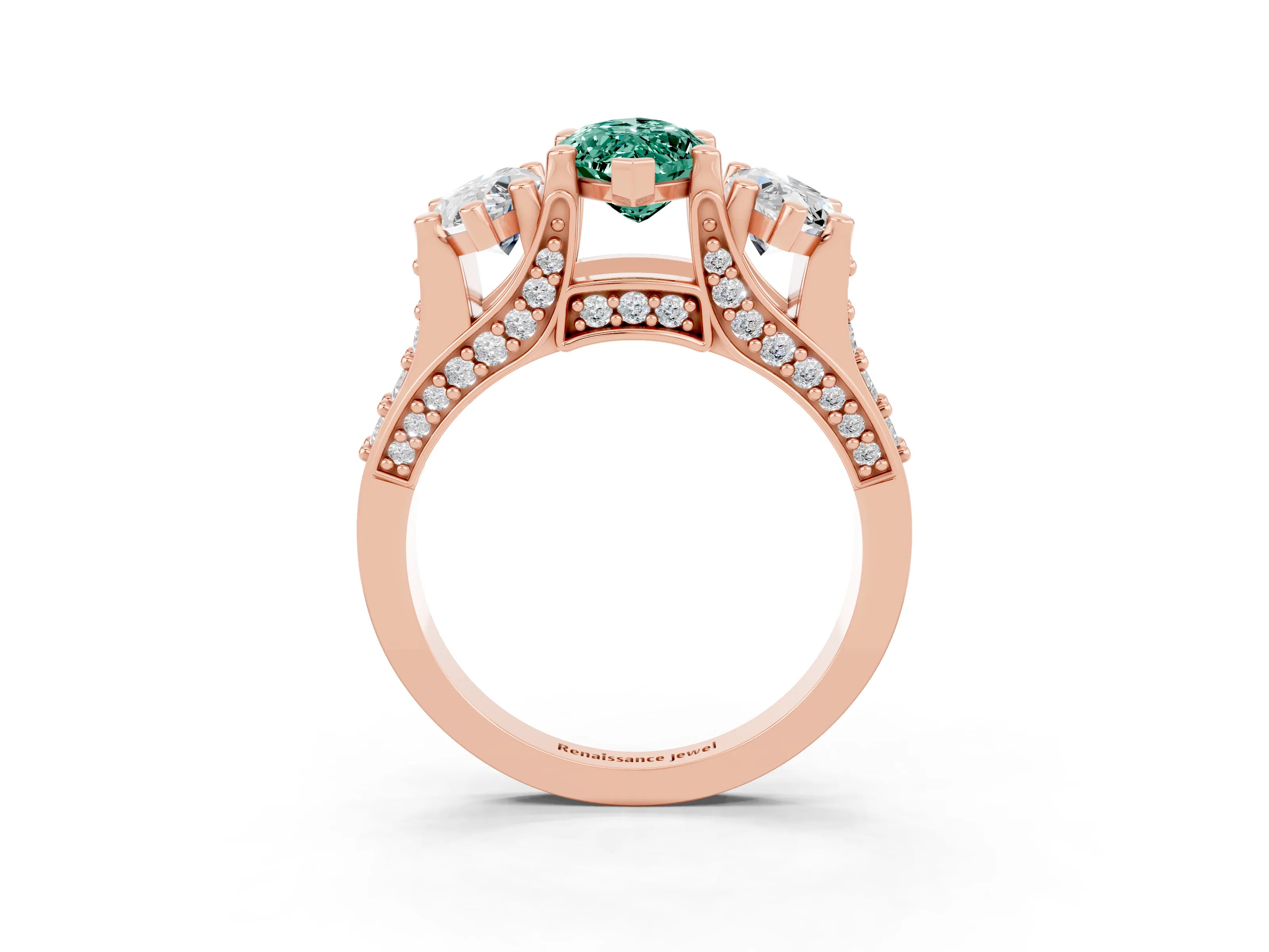 Rose gold Marquise Cut Green Sapphire Three-Stone Ring with Channel Set Band and Four-Prong Setting_3