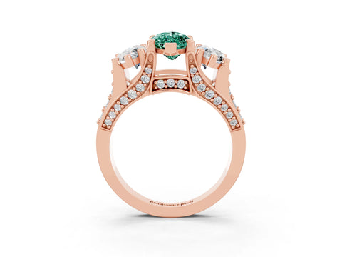 Rose gold Marquise Cut Green Sapphire Three-Stone Ring with Channel Set Band and Four-Prong Setting_3