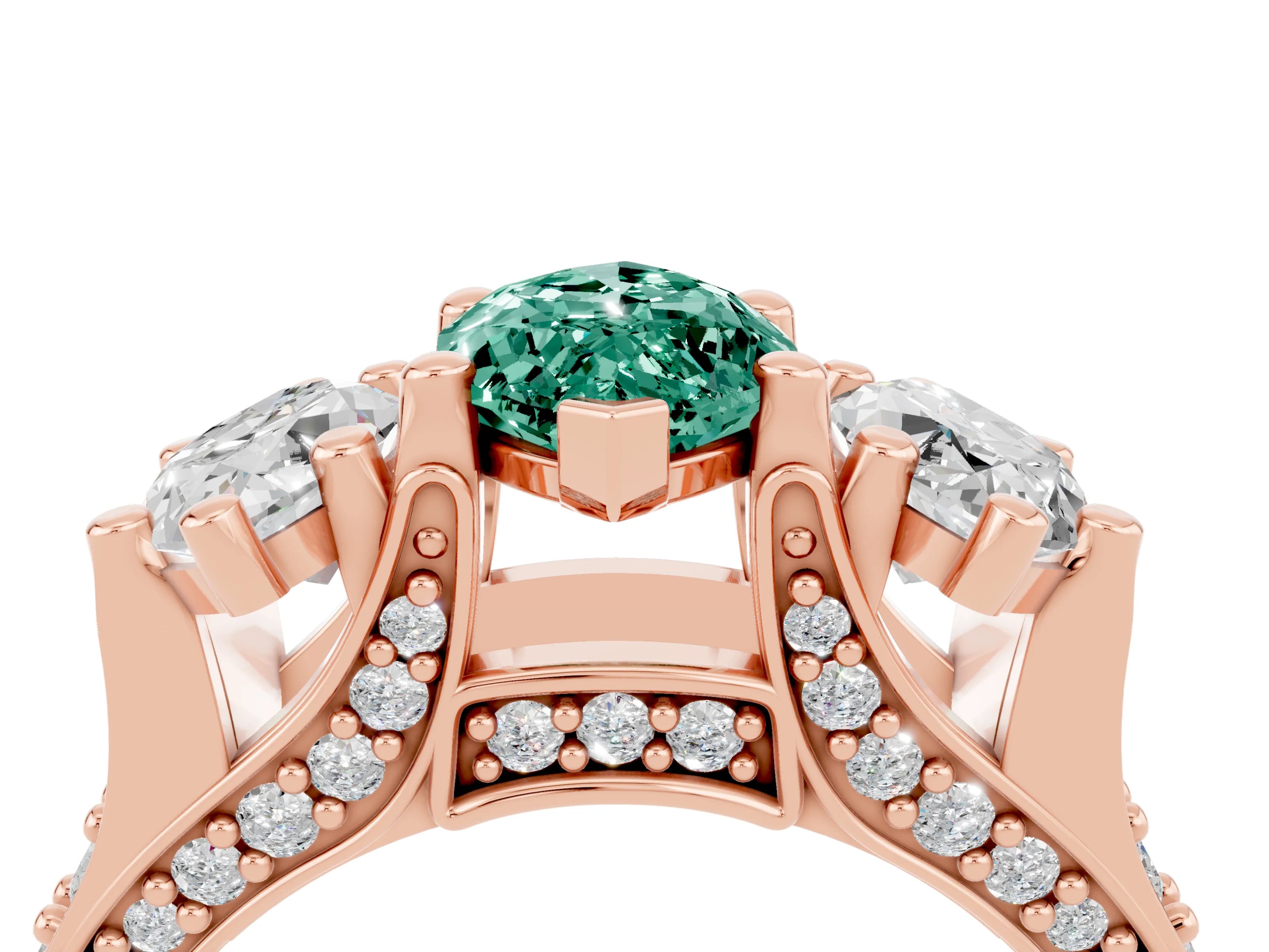 Rose gold Marquise Cut Green Sapphire Three-Stone Ring with Channel Set Band and Four-Prong Setting_4