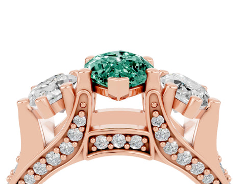 Rose gold Marquise Cut Green Sapphire Three-Stone Ring with Channel Set Band and Four-Prong Setting_4