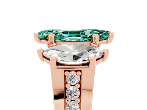 Rose gold Marquise Cut Green Sapphire Three-Stone Ring with Channel Set Band and Four-Prong Setting_5