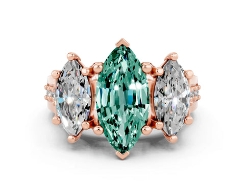 Rose gold Marquise Cut Green Sapphire Three-Stone Ring with Channel Set Band and Four-Prong Setting
